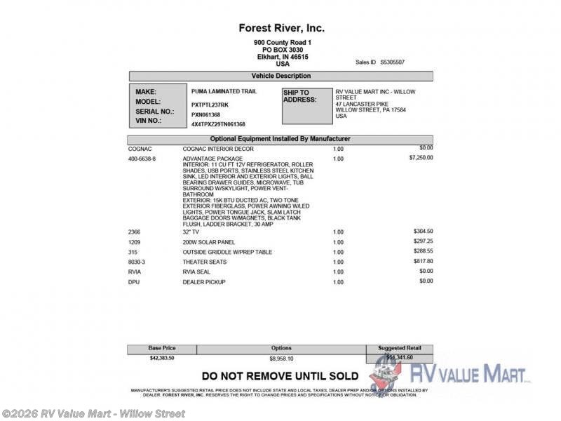 New 2026 Forest River Puma Tracks 237RK available in Willow Street, Pennsylvania