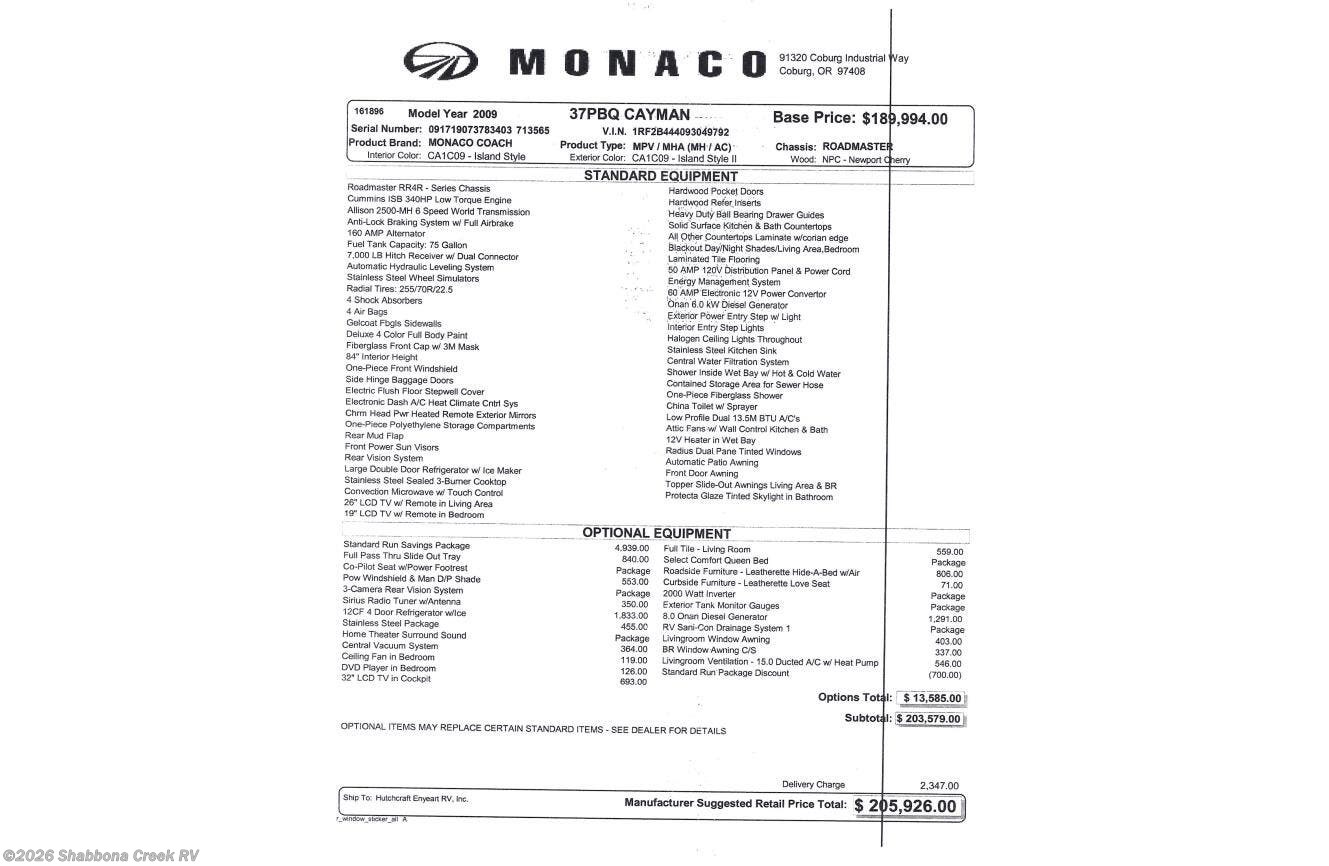 Used 2009 Monaco RV Cayman 37PBQ * available in Atkinson, Illinois
