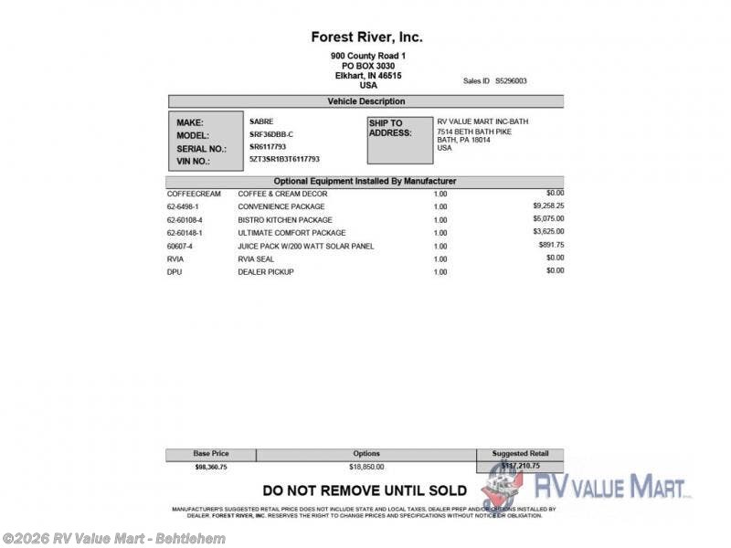 New 2026 Forest River Cherokee Sabre 36DBB available in Bath, Pennsylvania