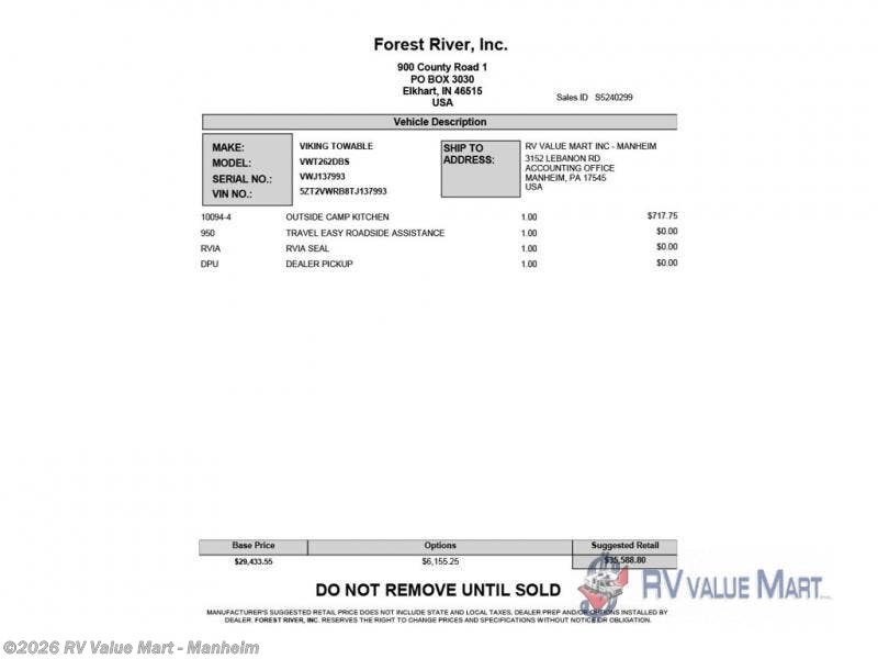 New 2026 Forest River Viking 6K Series 262DBS available in Manheim, Pennsylvania