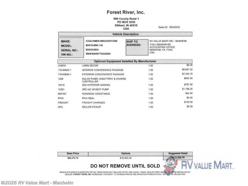 New 2026 Coachmen Brookstone 374RK available in Manheim, Pennsylvania
