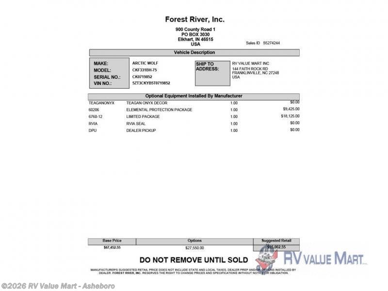 New 2026 Forest River Cherokee Arctic Wolf 331BH available in Franklinville, North Carolina